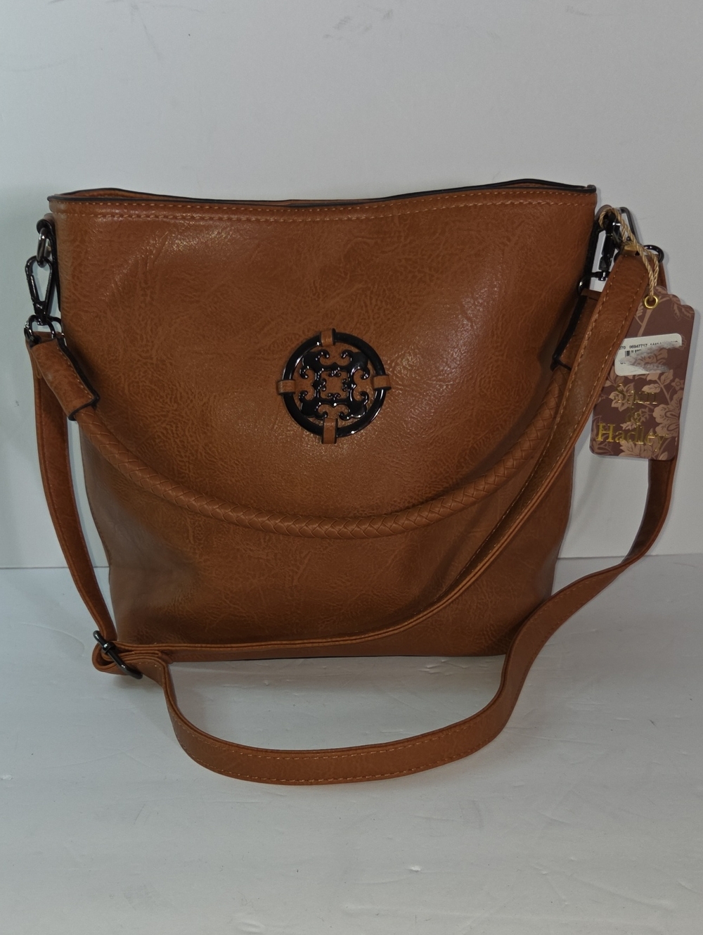 Leather-Style Tan Shoulder Bag with Medallion Detail
